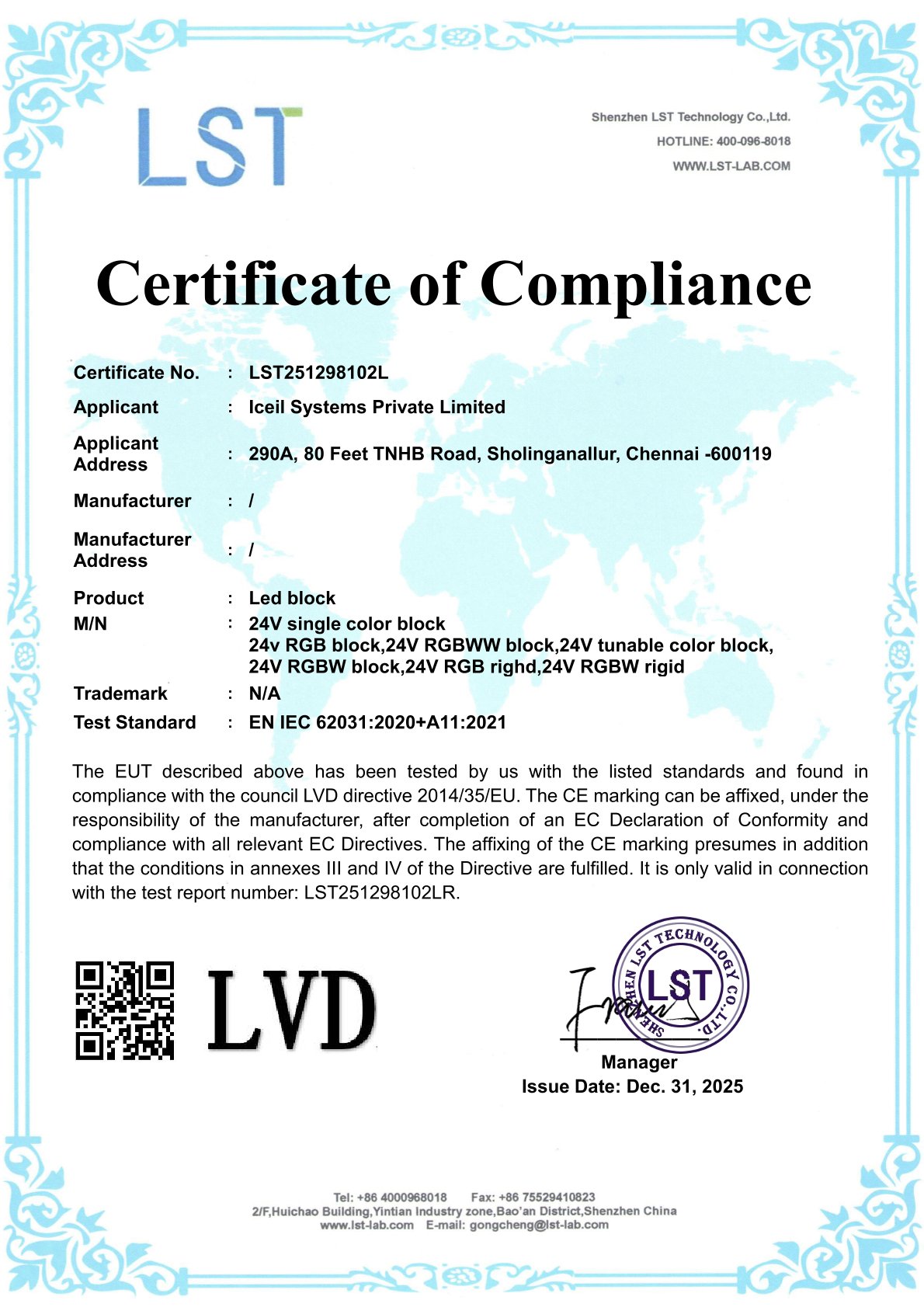 Iceil LED - LVD Certficate